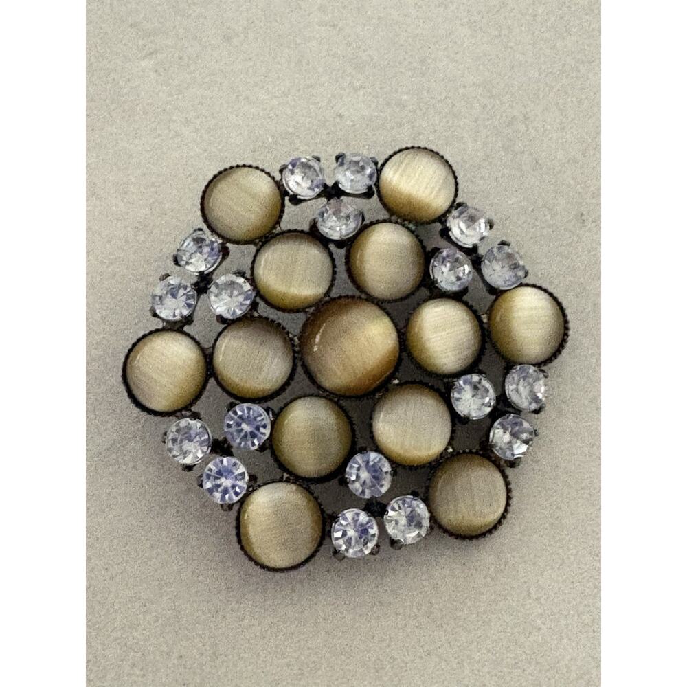 Vintage Satin Glass Cabochon Moonglow Rhinestone Dome Brooch